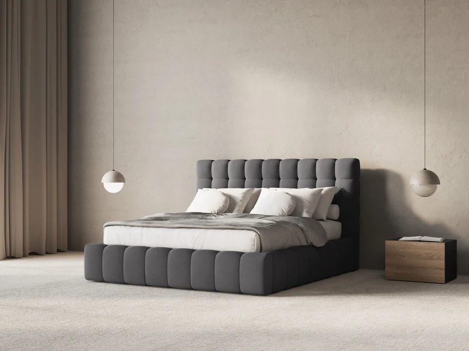 ŁÓŻKO Mamaia tapicerowane, designerskie przeszycia, szara tkanina, designerski styl, ekskluzywne