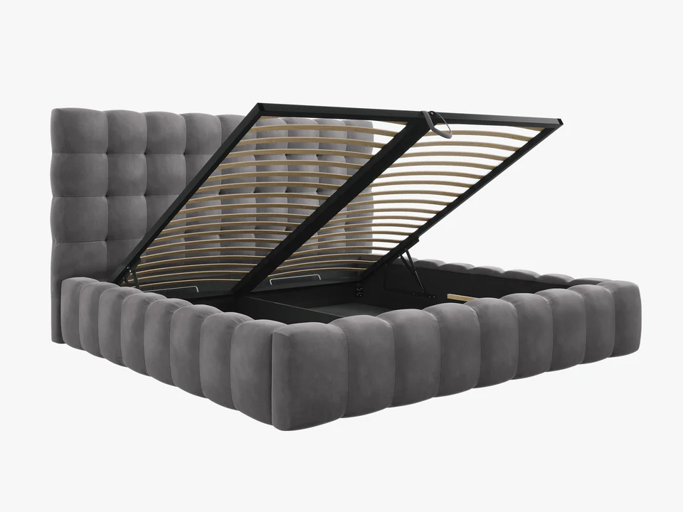 ŁÓŻKO Mamaia tapicerowane, designerskie przeszycia, szara tkanina, designerski styl, piękne