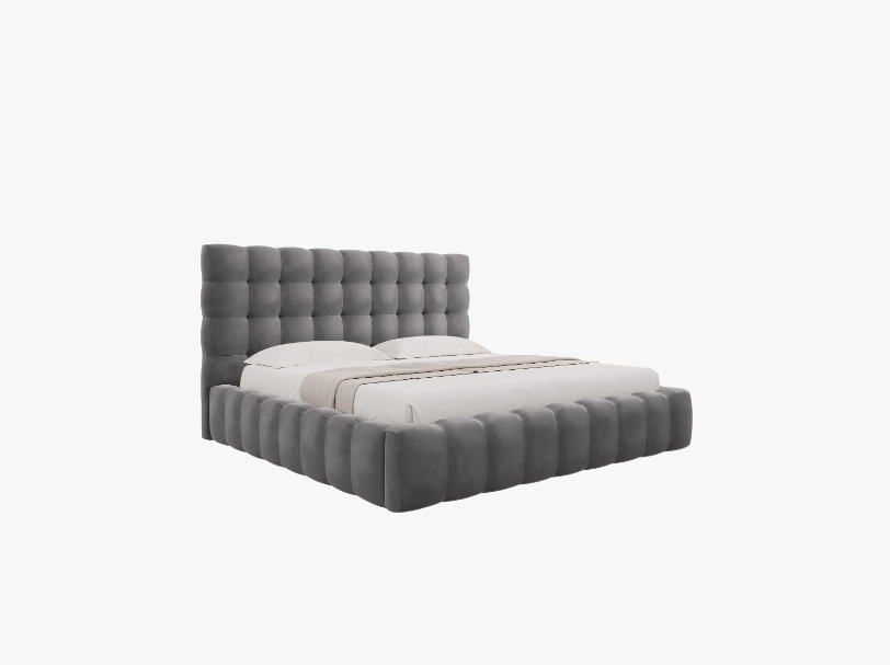 ŁÓŻKO Mamaia tapicerowane, designerskie przeszycia, szara tkanina, designerski styl