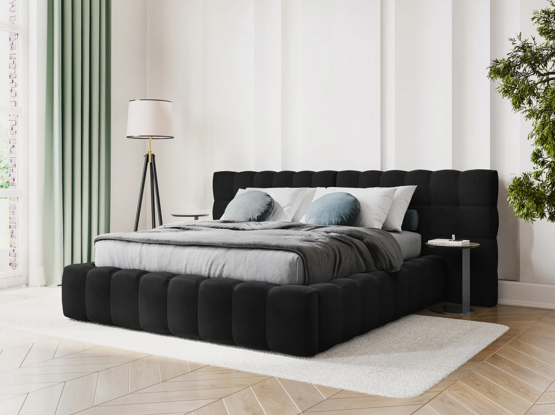 ŁÓŻKO Mamaia tapicerowane, z podwójnym wezgłowiem, nowoczesne przeszycia, falista krawędź, czarna tkanina, designerski styl, do sypialni ŁÓŻKO Mamaia tapicerowane, z podwójnym wezgłowiem, nowoczesne przeszycia, falista krawędź, czarna tkanina, designerski styl, do sypialni