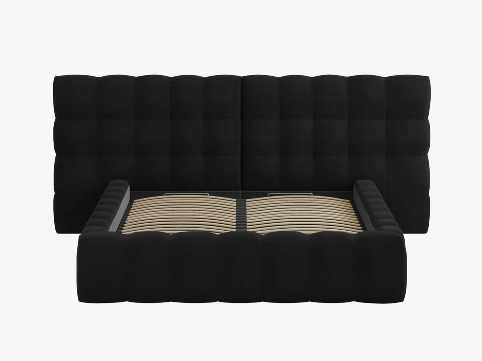 ŁÓŻKO Mamaia tapicerowane, z podwójnym wezgłowiem, nowoczesne przeszycia, falista krawędź, czarna tkanina, designerski styl, ekskluzywne ŁÓŻKO Mamaia tapicerowane, z podwójnym wezgłowiem, nowoczesne przeszycia, falista krawędź, czarna tkanina, designerski styl, ekskluzywne