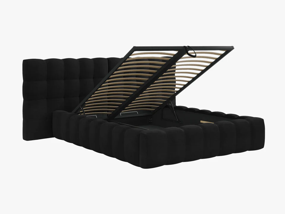 ŁÓŻKO Mamaia tapicerowane, z podwójnym wezgłowiem, nowoczesne przeszycia, falista krawędź, czarna tkanina, designerski styl, premium ŁÓŻKO Mamaia tapicerowane, z podwójnym wezgłowiem, nowoczesne przeszycia, falista krawędź, czarna tkanina, designerski styl, premium