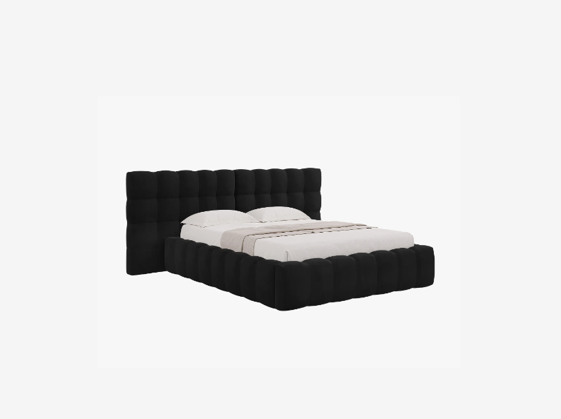 ŁÓŻKO Mamaia tapicerowane, z podwójnym wezgłowiem, nowoczesne przeszycia, falista krawędź, czarna tkanina, designerski styl ŁÓŻKO Mamaia tapicerowane, z podwójnym wezgłowiem, nowoczesne przeszycia, falista krawędź, czarna tkanina, designerski styl