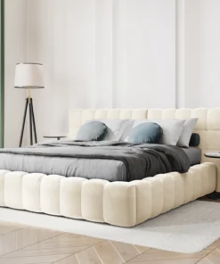 ŁÓŻKO Mamaia tapicerowane, z podwójnym wezgłowiem, nowoczesne przeszycia, falista krawędź, jasnobeżowa tkanina, designerski styl, do sypialni