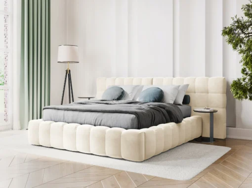 ŁÓŻKO Mamaia tapicerowane, z podwójnym wezgłowiem, nowoczesne przeszycia, falista krawędź, jasnobeżowa tkanina, designerski styl, do sypialni