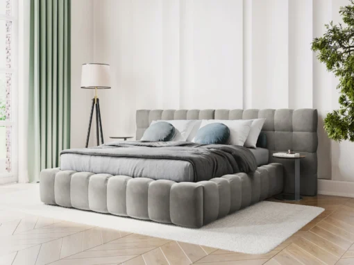 ŁÓŻKO Mamaia tapicerowane, z podwójnym wezgłowiem, nowoczesne przeszycia, falista krawędź, jasnoszara tkanina, designerski styl, do sypialni