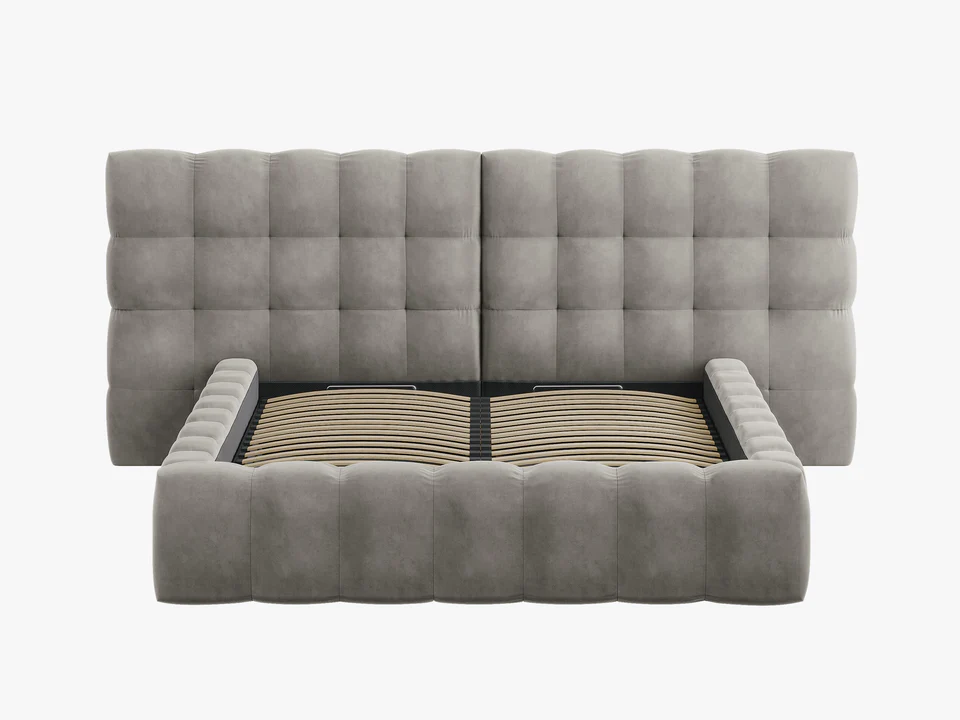 ŁÓŻKO Mamaia tapicerowane, z podwójnym wezgłowiem, nowoczesne przeszycia, falista krawędź, jasnoszara tkanina, designerski styl, ekskluzywne ŁÓŻKO Mamaia tapicerowane, z podwójnym wezgłowiem, nowoczesne przeszycia, falista krawędź, jasnoszara tkanina, designerski styl, ekskluzywne