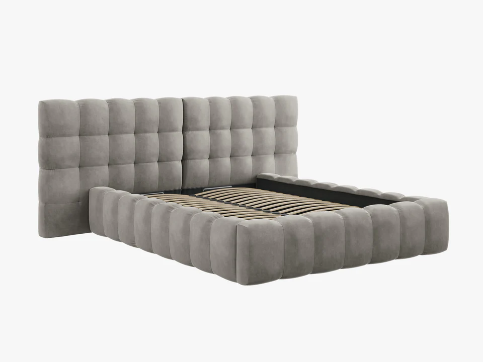 ŁÓŻKO Mamaia tapicerowane, z podwójnym wezgłowiem, nowoczesne przeszycia, falista krawędź, jasnoszara tkanina, designerski styl, piękne ŁÓŻKO Mamaia tapicerowane, z podwójnym wezgłowiem, nowoczesne przeszycia, falista krawędź, jasnoszara tkanina, designerski styl, piękne