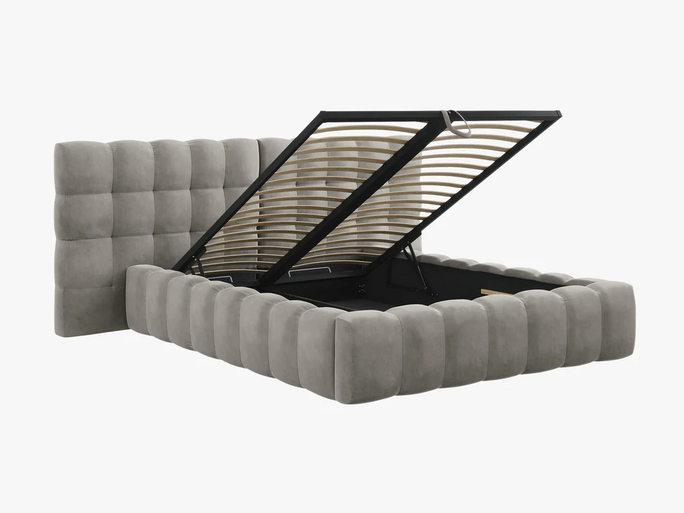 ŁÓŻKO Mamaia tapicerowane, z podwójnym wezgłowiem, nowoczesne przeszycia, falista krawędź, jasnoszara tkanina, designerski styl, premium ŁÓŻKO Mamaia tapicerowane, z podwójnym wezgłowiem, nowoczesne przeszycia, falista krawędź, jasnoszara tkanina, designerski styl, premium