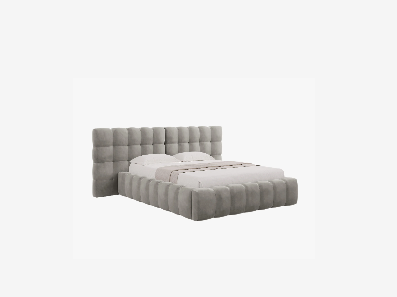 ŁÓŻKO Mamaia tapicerowane, z podwójnym wezgłowiem, nowoczesne przeszycia, falista krawędź, jasnoszara tkanina, designerski styl ŁÓŻKO Mamaia tapicerowane, z podwójnym wezgłowiem, nowoczesne przeszycia, falista krawędź, jasnoszara tkanina, designerski styl