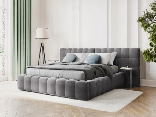 ŁÓŻKO Mamaia tapicerowane, z podwójnym wezgłowiem, nowoczesne przeszycia, falista krawędź, szara tkanina, designerski styl, do salonu