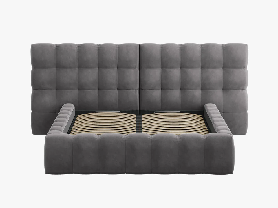 ŁÓŻKO Mamaia tapicerowane, z podwójnym wezgłowiem, nowoczesne przeszycia, falista krawędź, szara tkanina, designerski styl, ekskluzywne ŁÓŻKO Mamaia tapicerowane, z podwójnym wezgłowiem, nowoczesne przeszycia, falista krawędź, szara tkanina, designerski styl, ekskluzywne