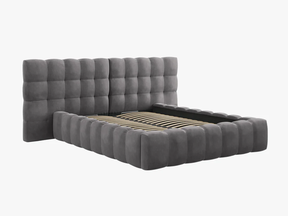ŁÓŻKO Mamaia tapicerowane, z podwójnym wezgłowiem, nowoczesne przeszycia, falista krawędź, szara tkanina, designerski styl, piękne ŁÓŻKO Mamaia tapicerowane, z podwójnym wezgłowiem, nowoczesne przeszycia, falista krawędź, szara tkanina, designerski styl, piękne
