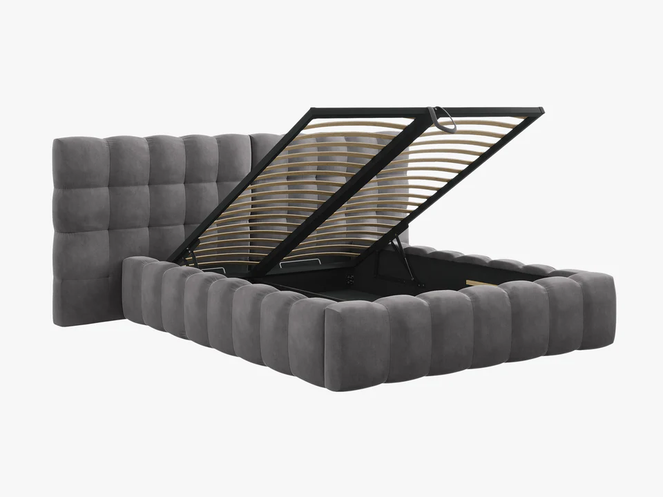 ŁÓŻKO Mamaia tapicerowane, z podwójnym wezgłowiem, nowoczesne przeszycia, falista krawędź, szara tkanina, designerski styl, premium ŁÓŻKO Mamaia tapicerowane, z podwójnym wezgłowiem, nowoczesne przeszycia, falista krawędź, szara tkanina, designerski styl, premium