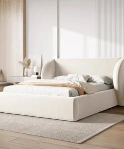 ŁÓŻKO Miley tapicerowane, proste kształty, nowoczesna forma zagłówka, beżowa tkanina, designerski styl, do sypialni