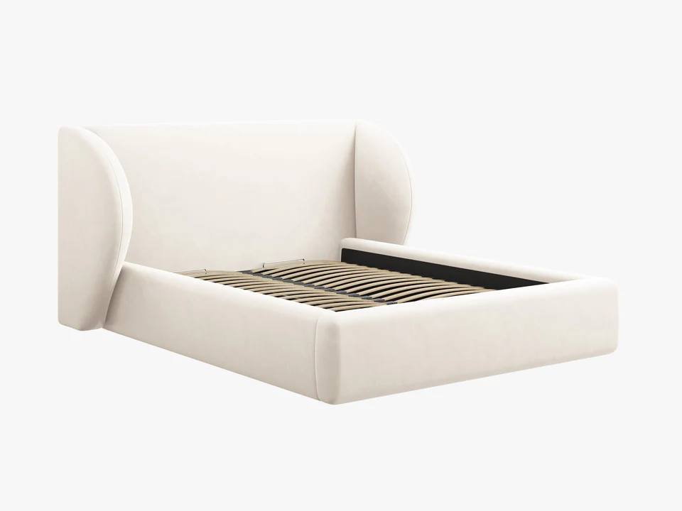 ŁÓŻKO Miley tapicerowane, proste kształty, nowoczesna forma zagłówka, beżowa tkanina, designerski styl, piękne ŁÓŻKO Miley tapicerowane, proste kształty, nowoczesna forma zagłówka, beżowa tkanina, designerski styl, piękne