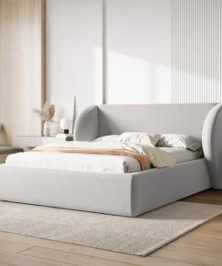ŁÓŻKO Miley tapicerowane, proste kształty, nowoczesna forma zagłówka, srebrna tkanina, designerski styl, do sypialni