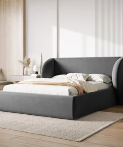 ŁÓŻKO Miley tapicerowane, proste kształty, nowoczesna forma zagłówka, szara tkanina, designerski styl, do sypialni