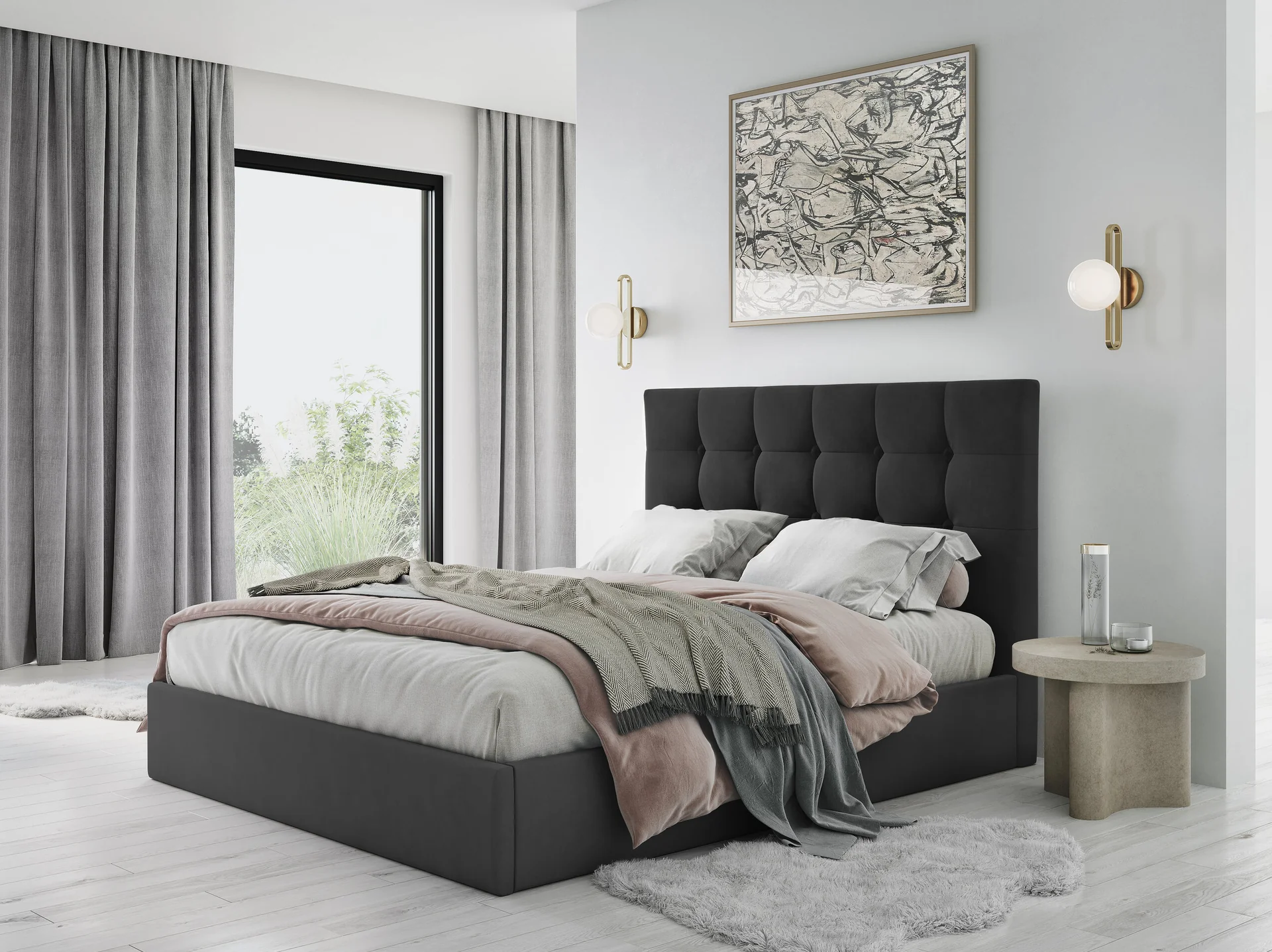 ŁÓŻKO Phaedra tapicerowane, pikowany zagłówek, proste kształty, ciemnoszara tkanina, nowoczesny styl, do sypialni ŁÓŻKO Phaedra tapicerowane, pikowany zagłówek, proste kształty, ciemnoszara tkanina, nowoczesny styl, do sypialni