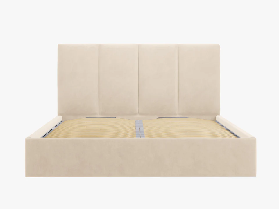 ŁÓŻKO Pyla tapicerowane, pionowe przeszycia na zagłówku, proste kształty, beżowa tkanina, nowoczesny styl, ekskluzywne ŁÓŻKO Pyla tapicerowane, pionowe przeszycia na zagłówku, proste kształty, beżowa tkanina, nowoczesny styl, ekskluzywne