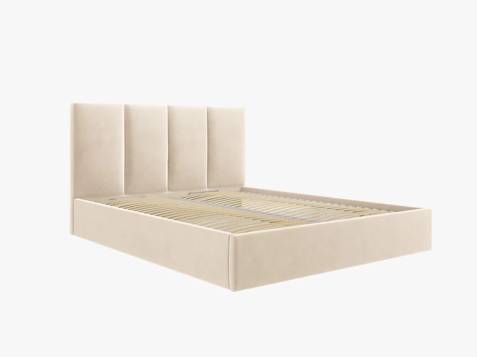 ŁÓŻKO Pyla tapicerowane, pionowe przeszycia na zagłówku, proste kształty, beżowa tkanina, nowoczesny styl, piękne ŁÓŻKO Pyla tapicerowane, pionowe przeszycia na zagłówku, proste kształty, beżowa tkanina, nowoczesny styl, piękne