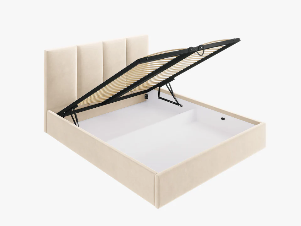 ŁÓŻKO Pyla tapicerowane, pionowe przeszycia na zagłówku, proste kształty, beżowa tkanina, nowoczesny styl, wyjątkowe ŁÓŻKO Pyla tapicerowane, pionowe przeszycia na zagłówku, proste kształty, beżowa tkanina, nowoczesny styl, wyjątkowe