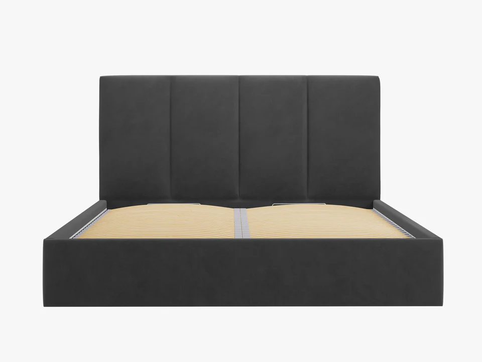 ŁÓŻKO Pyla tapicerowane, pionowe przeszycia na zagłówku, proste kształty, ciemnoszara tkanina, nowoczesny styl, ekskluzywne ŁÓŻKO Pyla tapicerowane, pionowe przeszycia na zagłówku, proste kształty, ciemnoszara tkanina, nowoczesny styl, ekskluzywne