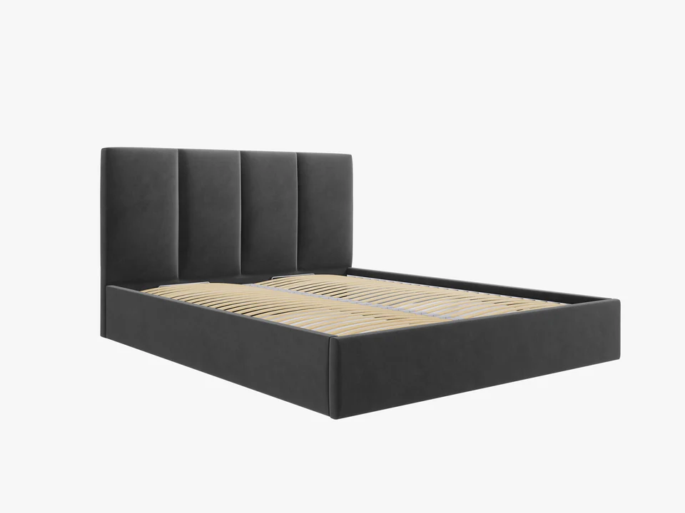 ŁÓŻKO Pyla tapicerowane, pionowe przeszycia na zagłówku, proste kształty, ciemnoszara tkanina, nowoczesny styl, piękne ŁÓŻKO Pyla tapicerowane, pionowe przeszycia na zagłówku, proste kształty, ciemnoszara tkanina, nowoczesny styl, piękne