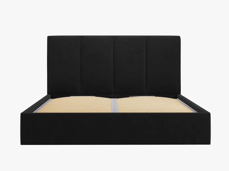 ŁÓŻKO Pyla tapicerowane, pionowe przeszycia na zagłówku, proste kształty, czarna tkanina, nowoczesny styl, ekskluzywne ŁÓŻKO Pyla tapicerowane, pionowe przeszycia na zagłówku, proste kształty, czarna tkanina, nowoczesny styl, ekskluzywne