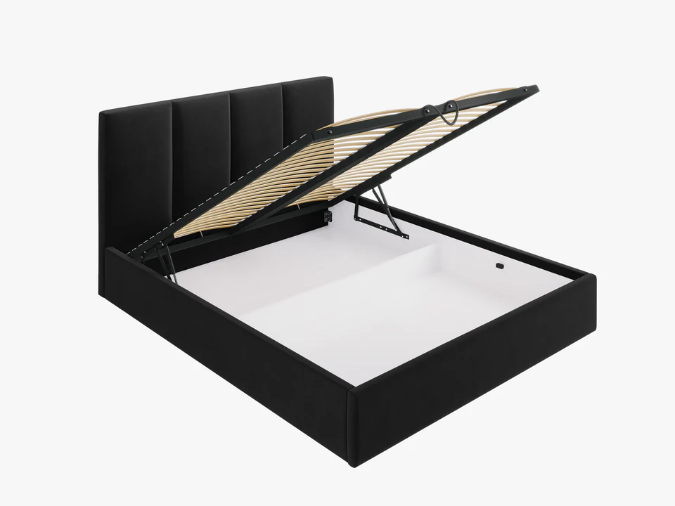 ŁÓŻKO Pyla tapicerowane, pionowe przeszycia na zagłówku, proste kształty, czarna tkanina, nowoczesny styl, premium ŁÓŻKO Pyla tapicerowane, pionowe przeszycia na zagłówku, proste kształty, czarna tkanina, nowoczesny styl, premium