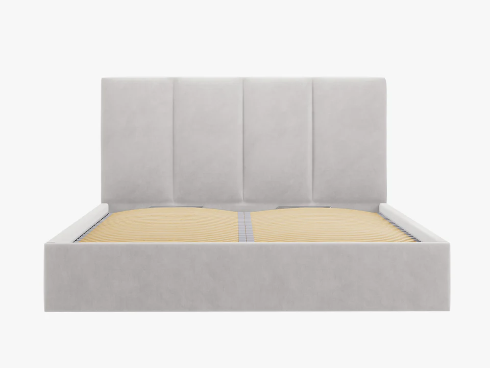 ŁÓŻKO Pyla tapicerowane, pionowe przeszycia na zagłówku, proste kształty, jasnoszara tkanina, nowoczesny styl, ekskluzywne ŁÓŻKO Pyla tapicerowane, pionowe przeszycia na zagłówku, proste kształty, jasnoszara tkanina, nowoczesny styl, ekskluzywne