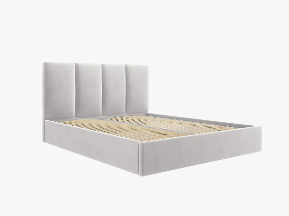 ŁÓŻKO Pyla tapicerowane, pionowe przeszycia na zagłówku, proste kształty, jasnoszara tkanina, nowoczesny styl, piękne ŁÓŻKO Pyla tapicerowane, pionowe przeszycia na zagłówku, proste kształty, jasnoszara tkanina, nowoczesny styl, piękne