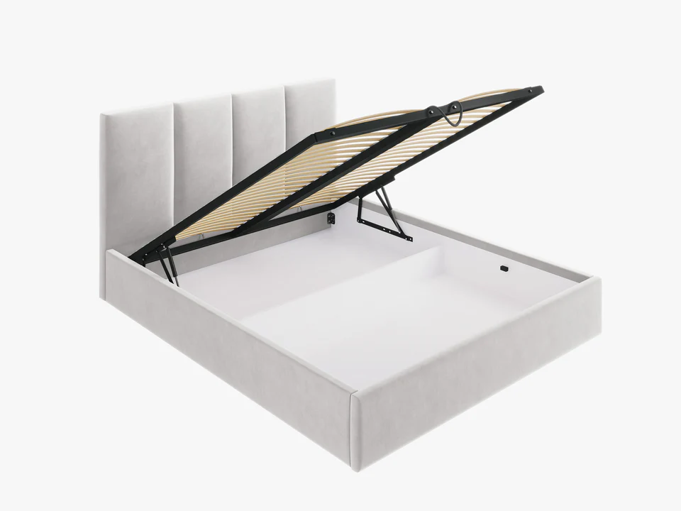 ŁÓŻKO Pyla tapicerowane, pionowe przeszycia na zagłówku, proste kształty, jasnoszara tkanina, nowoczesny styl, premium ŁÓŻKO Pyla tapicerowane, pionowe przeszycia na zagłówku, proste kształty, jasnoszara tkanina, nowoczesny styl, premium