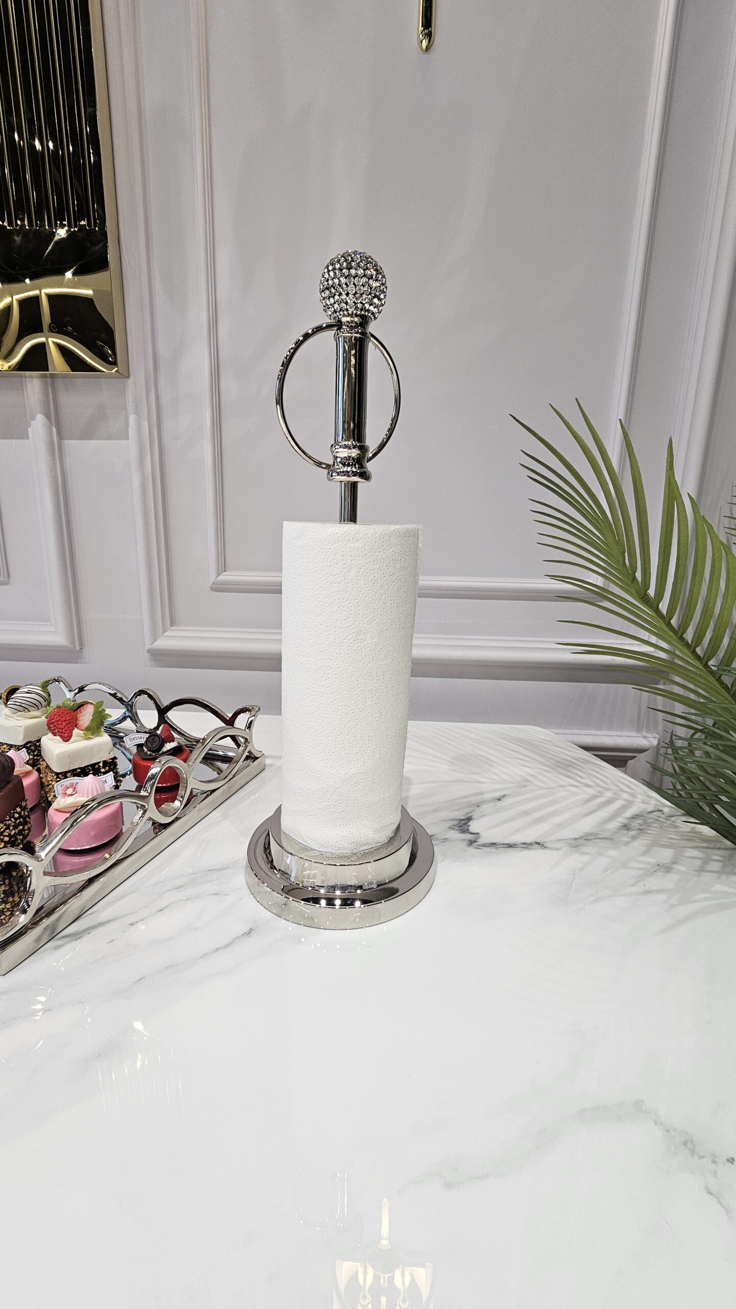 STOJAK NA RĘCZNIK PAPIEROWY srebrny, z kryształową kulą, styl glamour