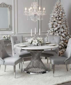 STÓŁ Emporio okrągły, blat ze sztucznego marmuru, srebrna, zakręcona, designerska podstawa, klasyczny glamour