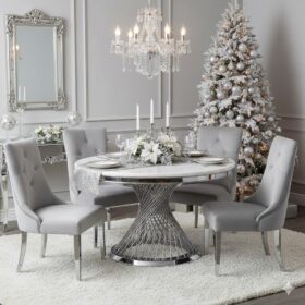 STÓŁ Emporio okrągły, blat ze sztucznego marmuru, srebrna, zakręcona, designerska podstawa, klasyczny glamour