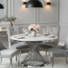 STÓŁ Emporio okrągły, blat ze sztucznego marmuru, srebrna, zakręcona, designerska podstawa, klasyczny glamour
