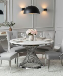 STÓŁ Emporio okrągły, blat ze sztucznego marmuru, srebrna, zakręcona, designerska podstawa, klasyczny glamour