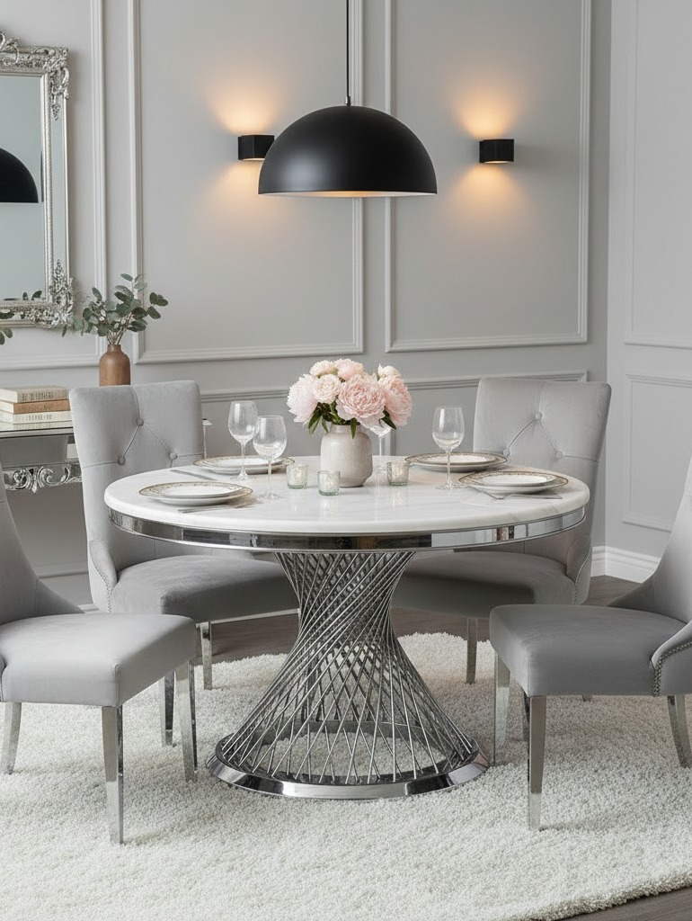 STÓŁ Emporio okrągły, blat ze sztucznego marmuru, srebrna, zakręcona, designerska podstawa, klasyczny glamour