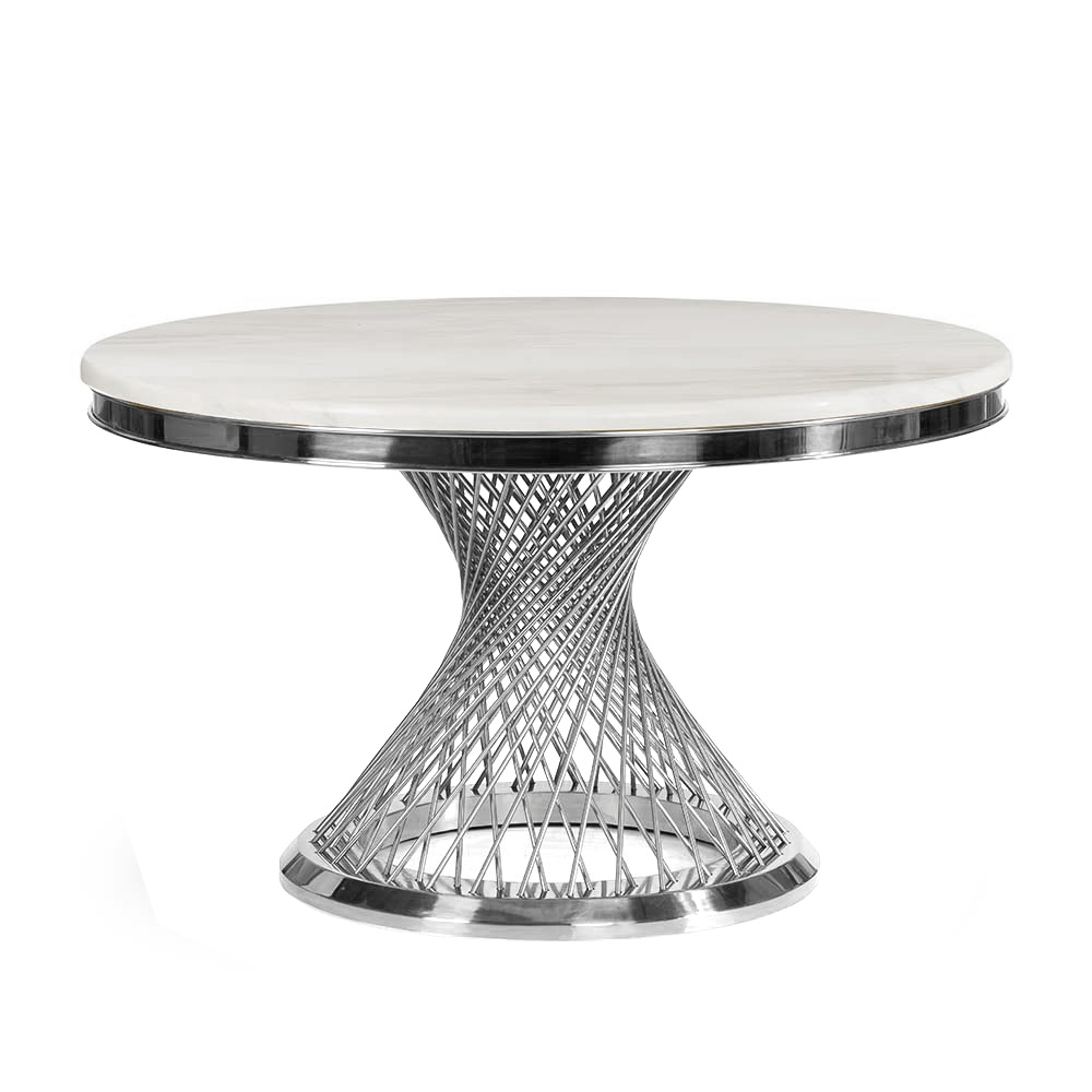 STÓŁ okrągły, blat ze sztucznego marmuru, srebrna, zakręcona, designerska podstawa, klasyczny glamour, biały blat STÓŁ okrągły, blat ze sztucznego marmuru, srebrna, zakręcona, designerska podstawa, klasyczny glamour, biały blat