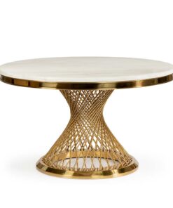 STÓŁ okrągły, blat ze sztucznego marmuru, złota, zakręcona, designerska podstawa, klasyczny glamour, biały blat