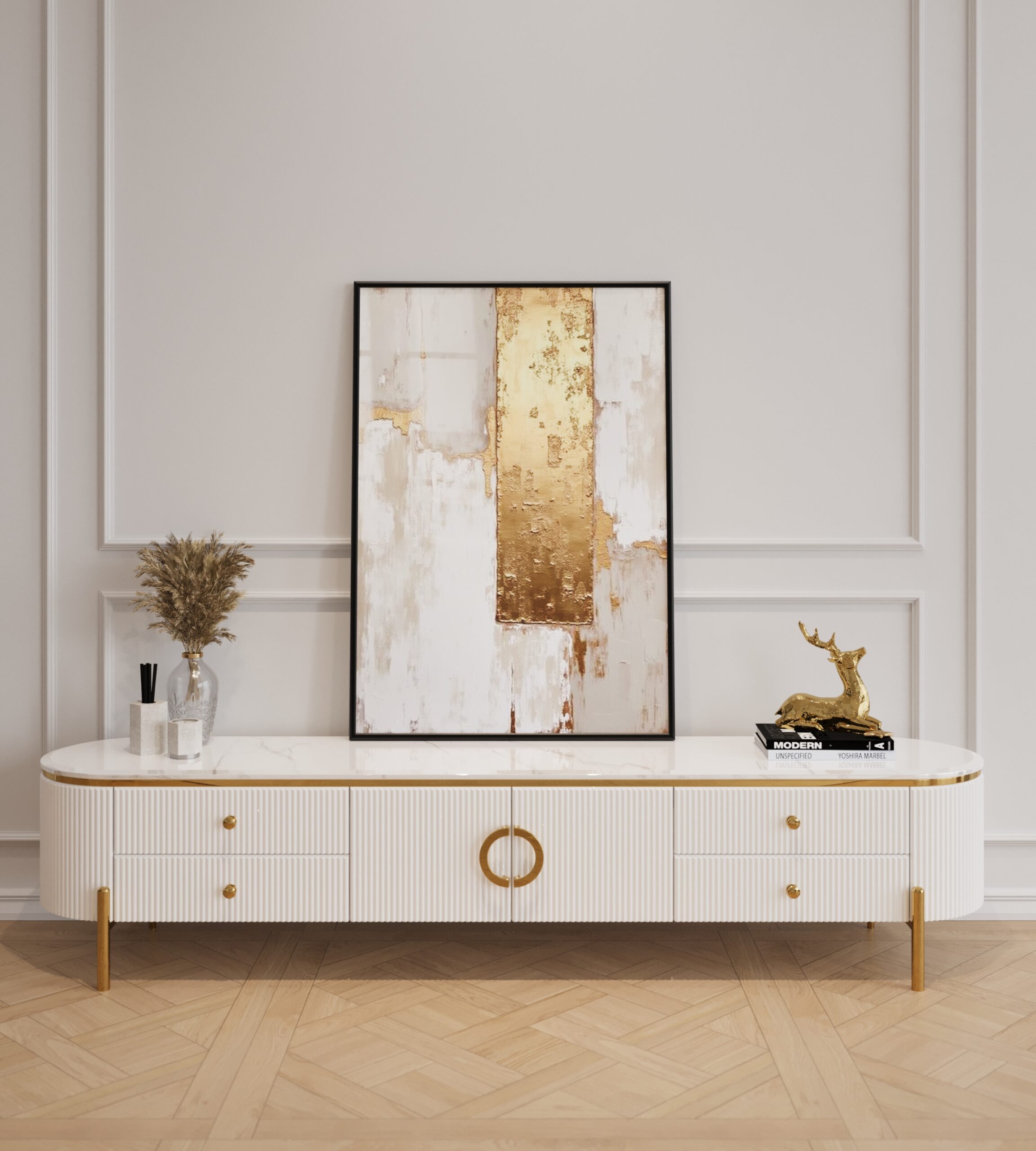 SZAFKA RTV Anne, ryflowana, biała, blat z konglomeratu marmurowego, złote metalowe detale, elegancka
