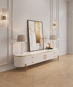 SZAFKA RTV Anne, ryflowana, biała, blat z konglomeratu marmurowego, złote metalowe detale, piękna