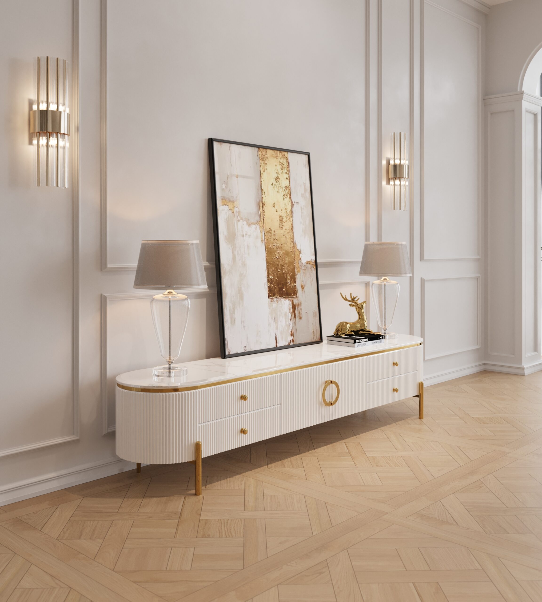 SZAFKA RTV Anne, ryflowana, biała, blat z konglomeratu marmurowego, złote metalowe detale, piękna