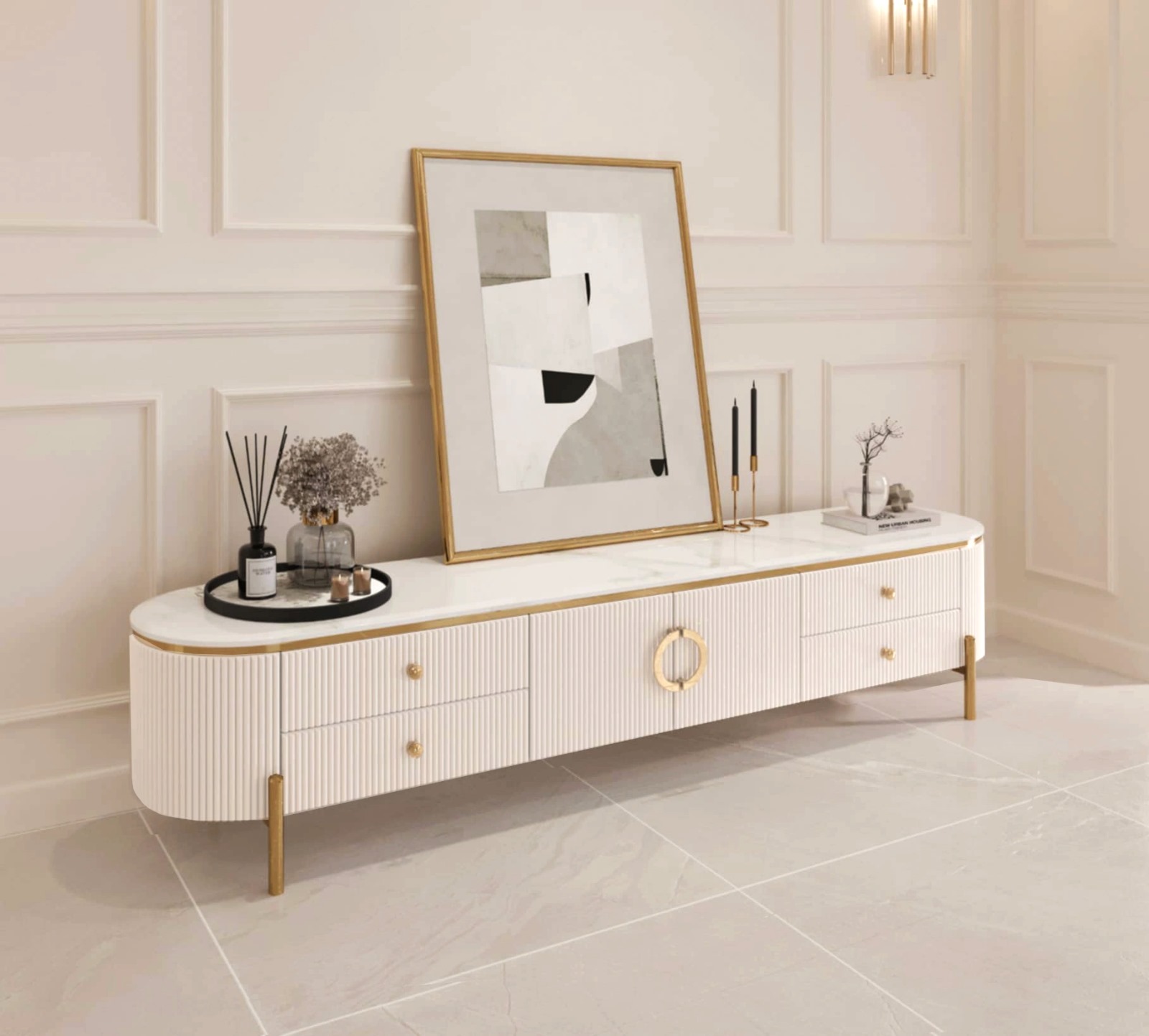 SZAFKA RTV Anne, ryflowana, biała, blat z konglomeratu marmurowego, złote metalowe detale