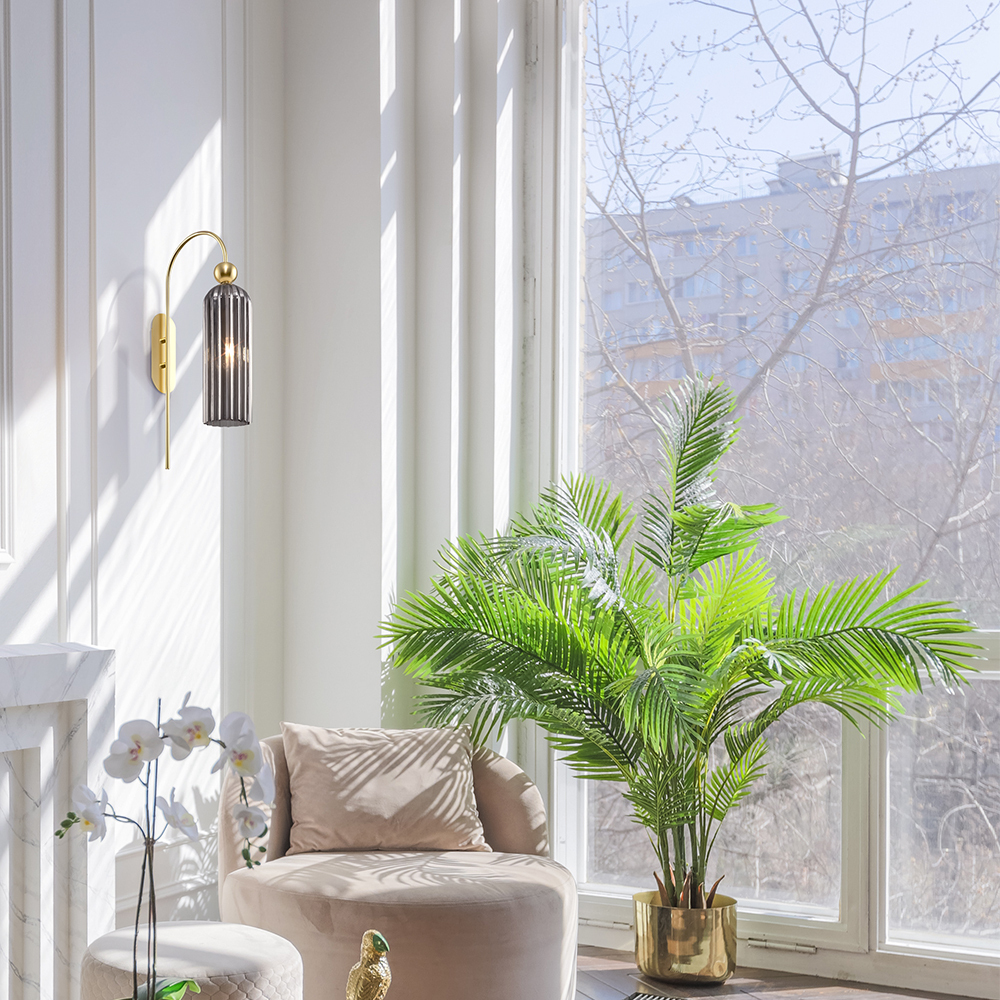 KINKIET Antic ze złotą oprawą, szary klosz z eleganckimi żłobkowaniami, retro z nutą nowoczesności, piękny KINKIET Antic ze złotą oprawą, szary klosz z eleganckimi żłobkowaniami, retro z nutą nowoczesności, piękny