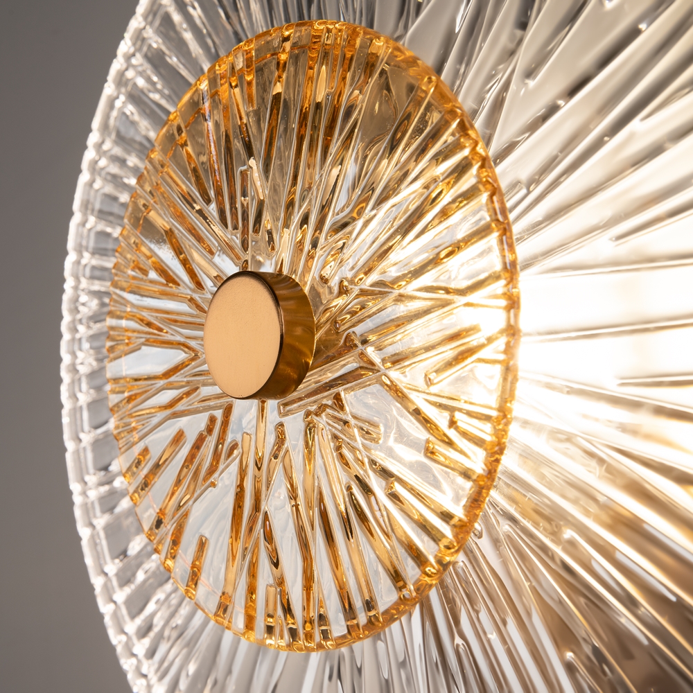 KINKIET Aster na złotej, metalowej oprawie, szklane koło z dekoracyjnymi żłobieniami, nowoczesny styl, premium KINKIET Aster na złotej, metalowej oprawie, szklane koło z dekoracyjnymi żłobieniami, nowoczesny styl, premium