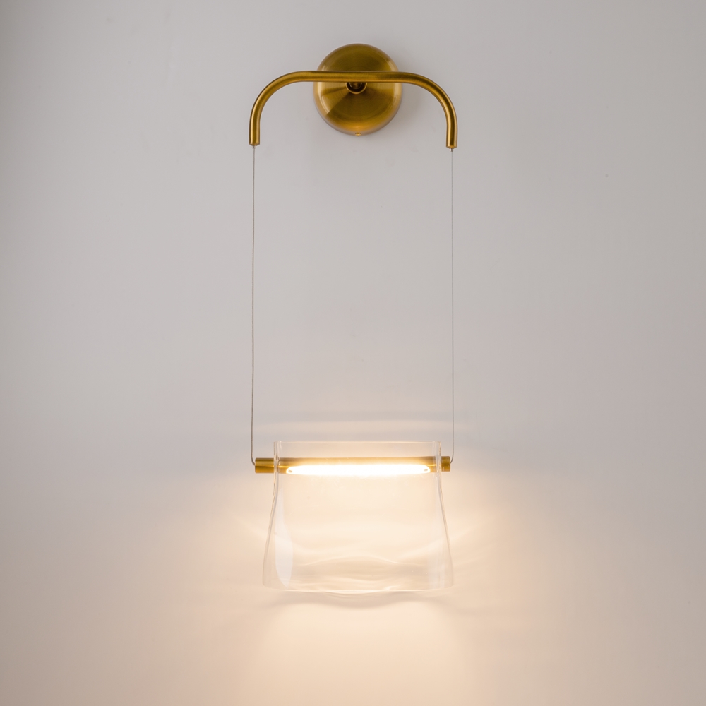 KINKIET Cabaret wiszący, mosiężne, metalowe detale, szklany, transparentny klosz, designerski styl, ekskluzywny