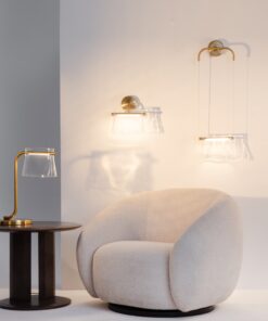 KINKIET Cabaret z mosiężną, metalową oprawą, szklany, transparentny klosz, designerski styl, do salonu