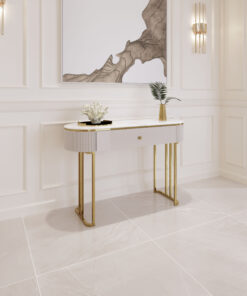 KONSOLA Anne Cashmir, złote nogi i detale, szuflada, kaszmirowa, ryflowane boki, blat z konglomeratu marmurowego, elegancka